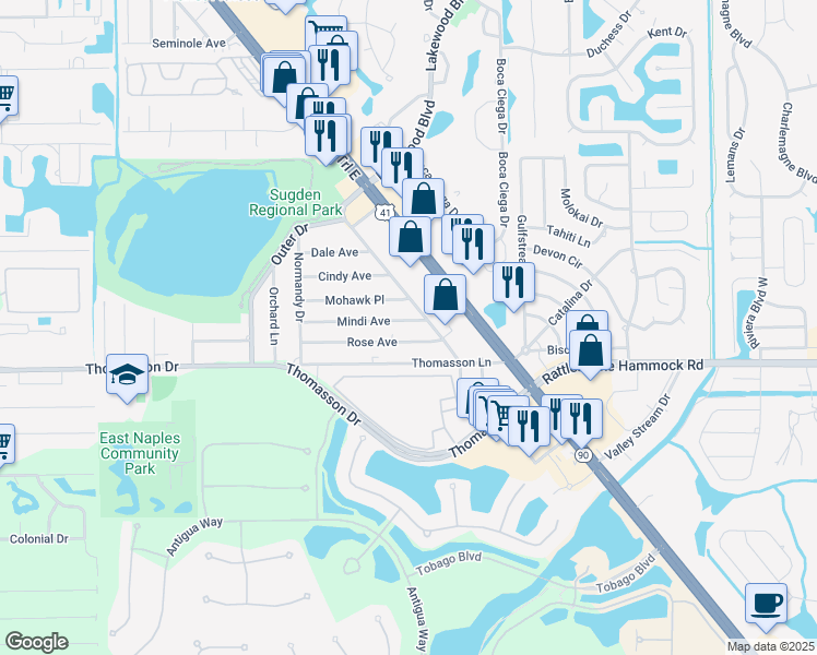 map of restaurants, bars, coffee shops, grocery stores, and more near 4210 Mindi Avenue in Naples