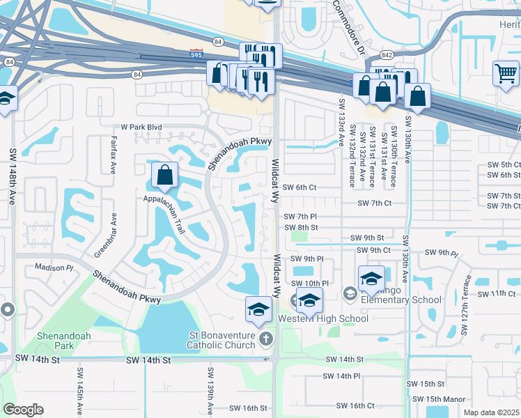 map of restaurants, bars, coffee shops, grocery stores, and more near 755 Cumberland Terrace in Davie