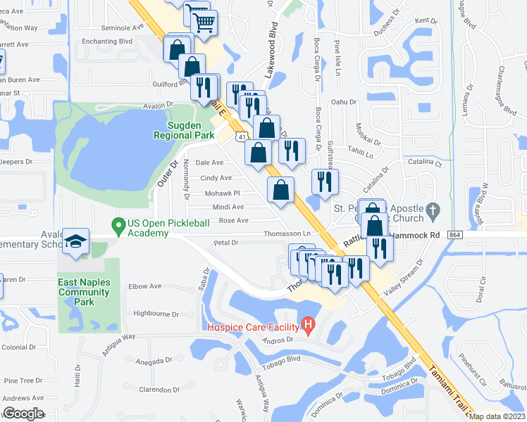 map of restaurants, bars, coffee shops, grocery stores, and more near 4410 Mindi Avenue in Naples