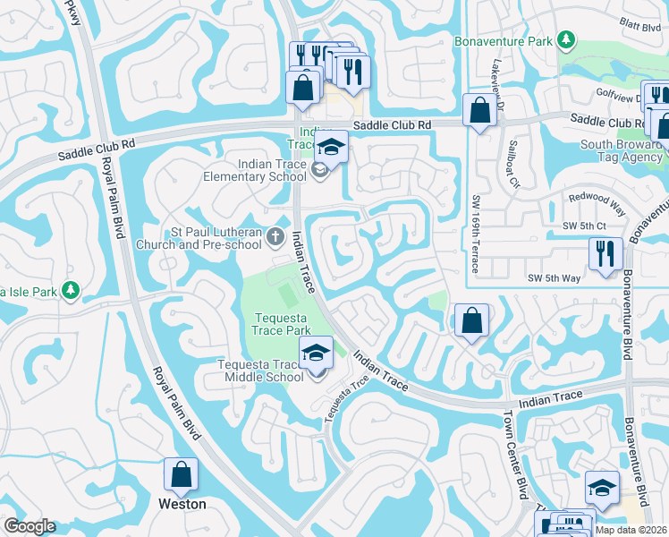 map of restaurants, bars, coffee shops, grocery stores, and more near 610 Spinnaker in Weston