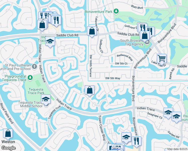 map of restaurants, bars, coffee shops, grocery stores, and more near 581 Southwest 169th Way in Weston