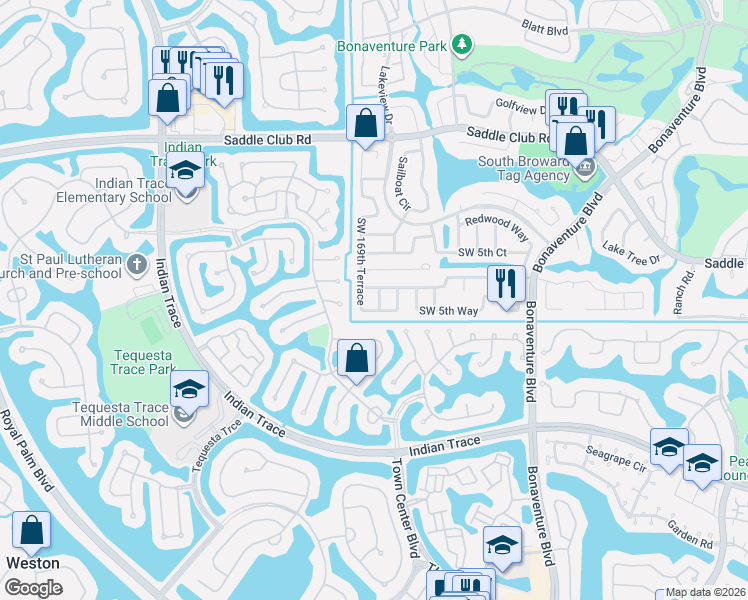 map of restaurants, bars, coffee shops, grocery stores, and more near 581 Southwest 169th Way in Weston