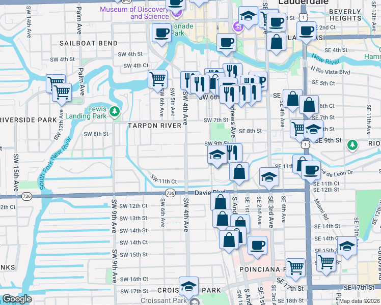 map of restaurants, bars, coffee shops, grocery stores, and more near 309 Southwest 10th Street in Fort Lauderdale