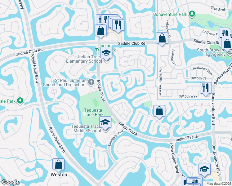 map of restaurants, bars, coffee shops, grocery stores, and more near 610 Spinnaker in Weston