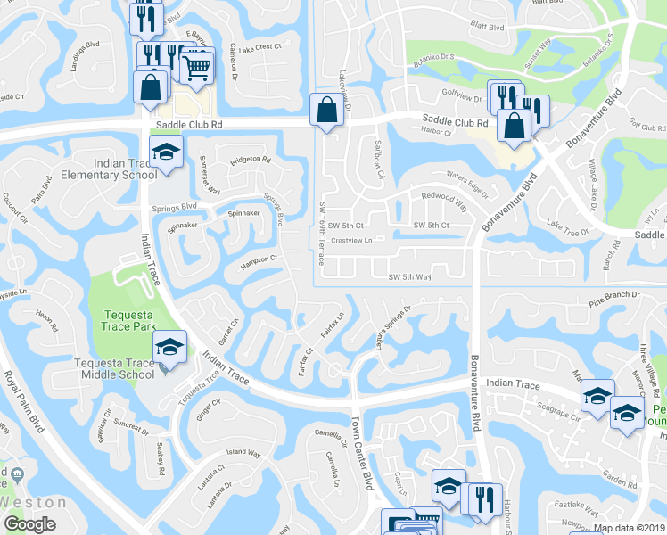 map of restaurants, bars, coffee shops, grocery stores, and more near 581 Southwest 169th Way in Weston