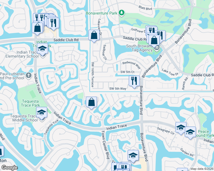 map of restaurants, bars, coffee shops, grocery stores, and more near 573 Southwest 168th Way in Weston