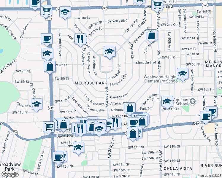 map of restaurants, bars, coffee shops, grocery stores, and more near 961 East Dayton Circle in Fort Lauderdale