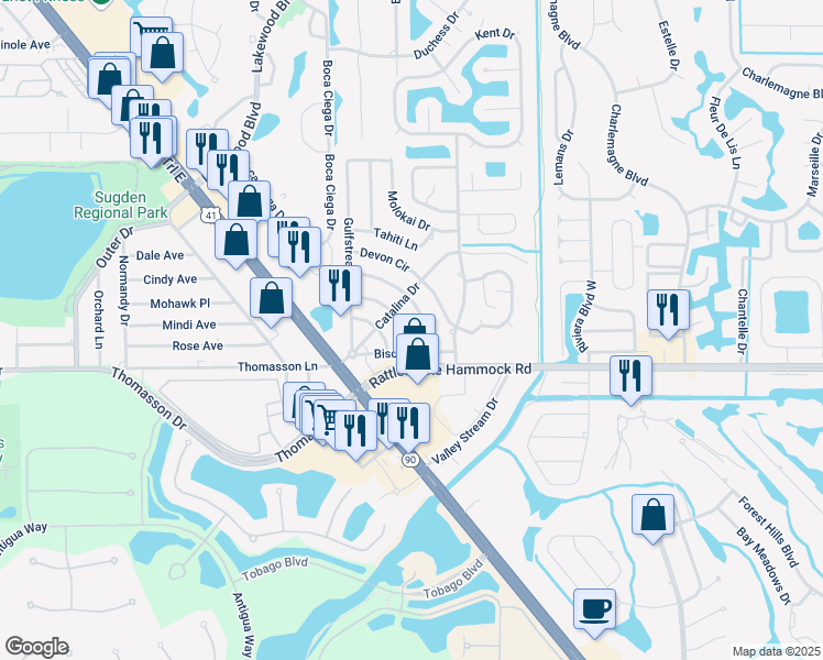map of restaurants, bars, coffee shops, grocery stores, and more near 4945 Barcelona Circle in Naples