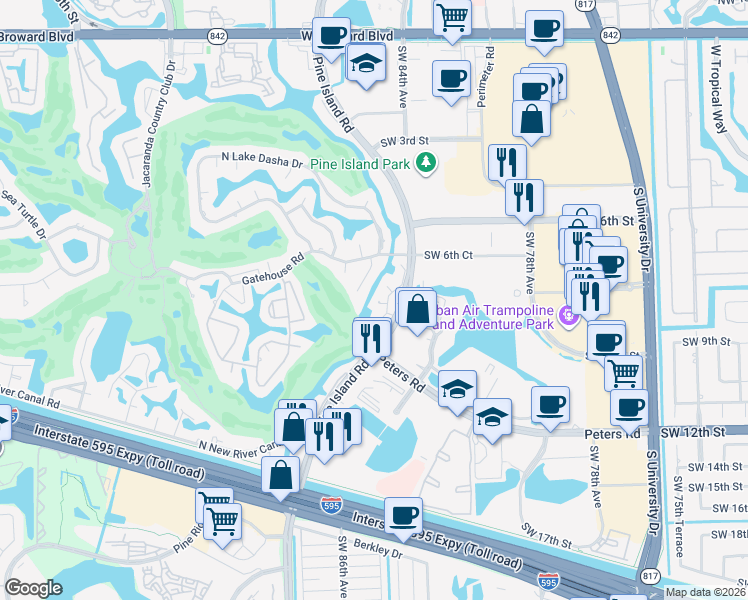 map of restaurants, bars, coffee shops, grocery stores, and more near 841 Southwest 87th Terrace in Plantation