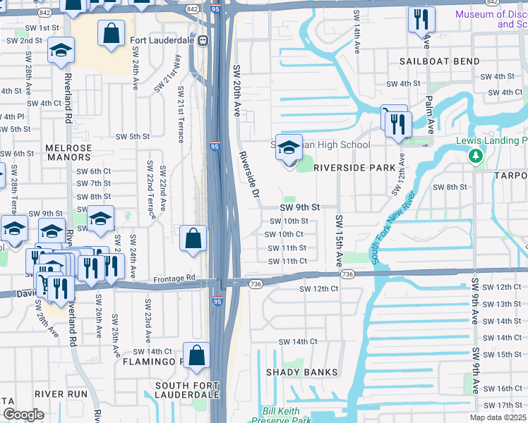 map of restaurants, bars, coffee shops, grocery stores, and more near 900 Riverside Drive in Fort Lauderdale