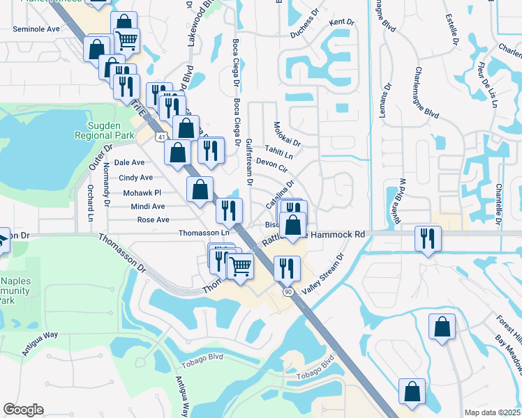 map of restaurants, bars, coffee shops, grocery stores, and more near 4852 Catalina Drive in Naples
