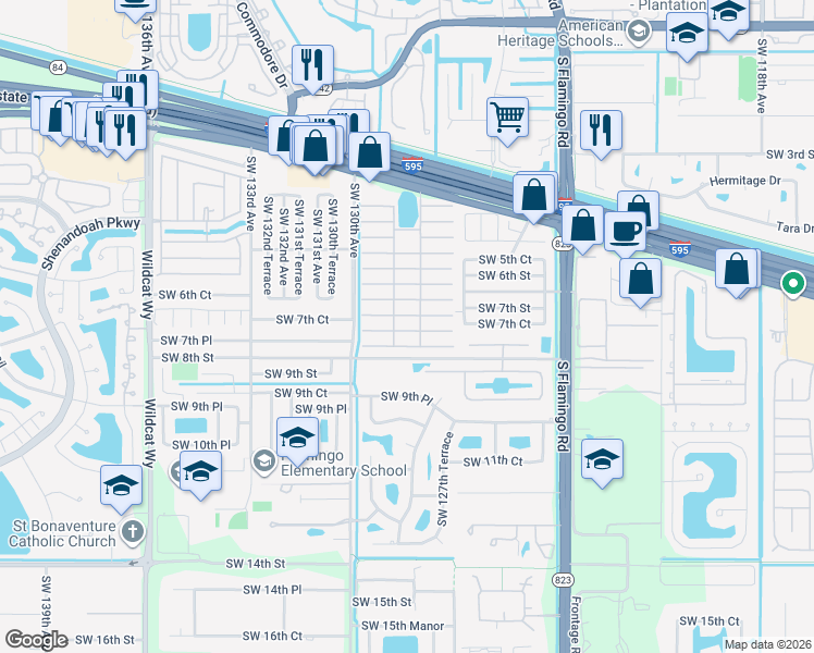 map of restaurants, bars, coffee shops, grocery stores, and more near 36 Ivy Lane in Davie