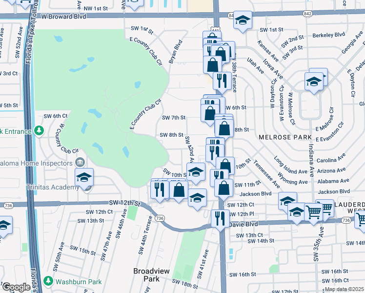 map of restaurants, bars, coffee shops, grocery stores, and more near 4211 Southwest 9th Street in Plantation