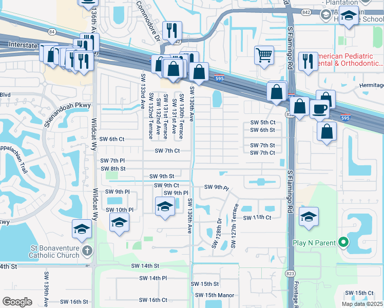 map of restaurants, bars, coffee shops, grocery stores, and more near 708 Southwest 130th Avenue in Davie