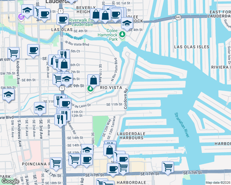 map of restaurants, bars, coffee shops, grocery stores, and more near 1305 Ponce De Leon Drive in Fort Lauderdale