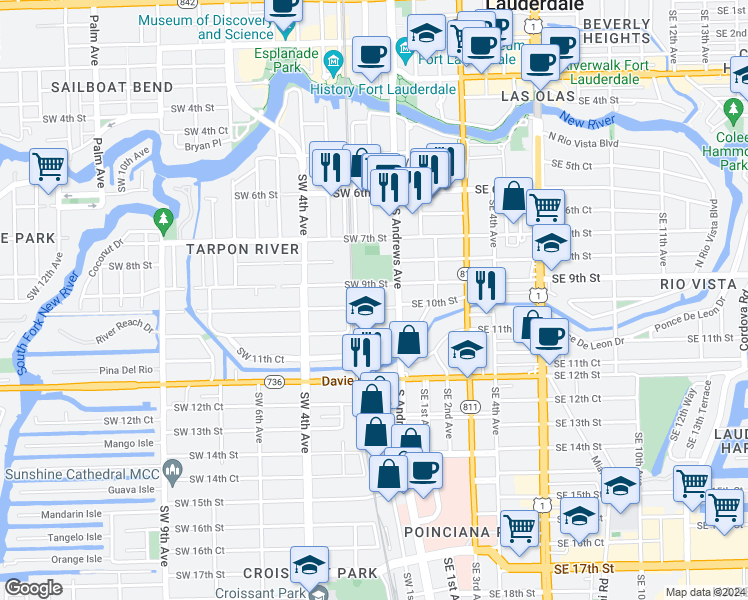 map of restaurants, bars, coffee shops, grocery stores, and more near 9 Southwest 10th Street in Fort Lauderdale