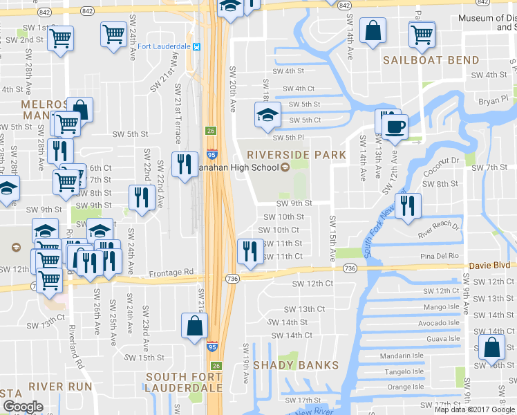 map of restaurants, bars, coffee shops, grocery stores, and more near 900 Riverside Drive in Fort Lauderdale