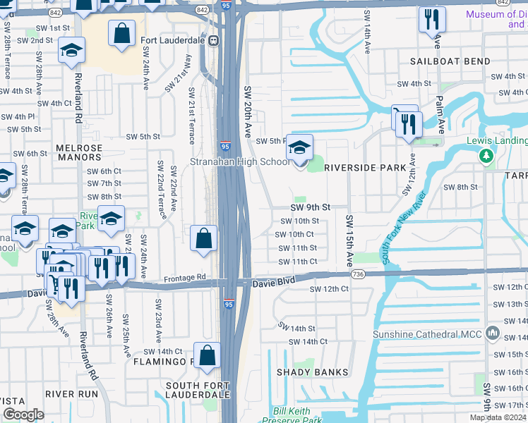 map of restaurants, bars, coffee shops, grocery stores, and more near 900 Riverside Drive in Fort Lauderdale
