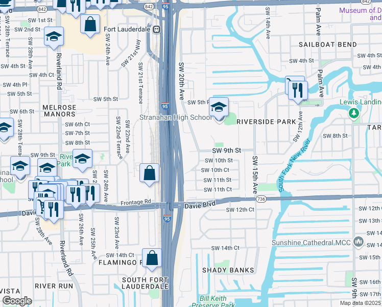 map of restaurants, bars, coffee shops, grocery stores, and more near 9 The Common in Fort Lauderdale