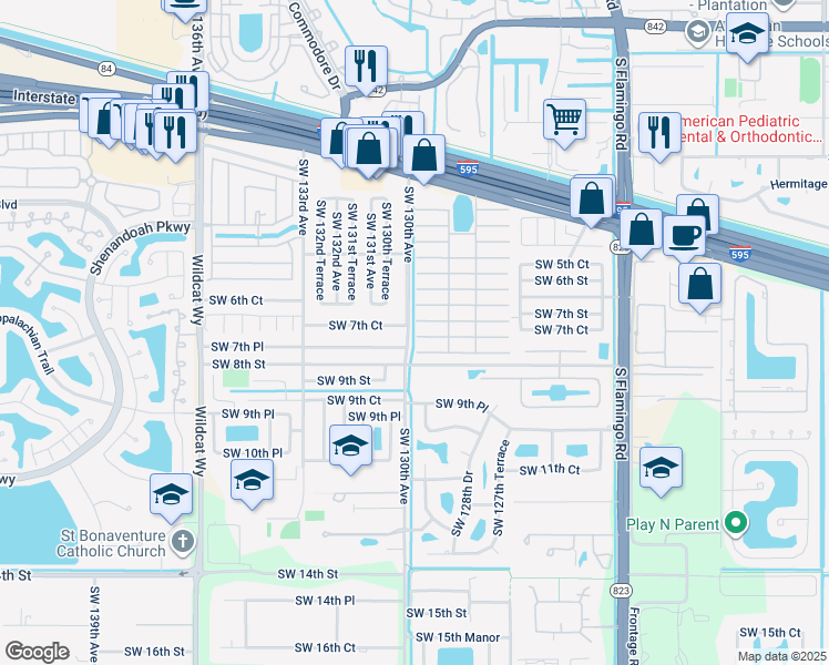 map of restaurants, bars, coffee shops, grocery stores, and more near 708 Southwest 130th Avenue in Davie