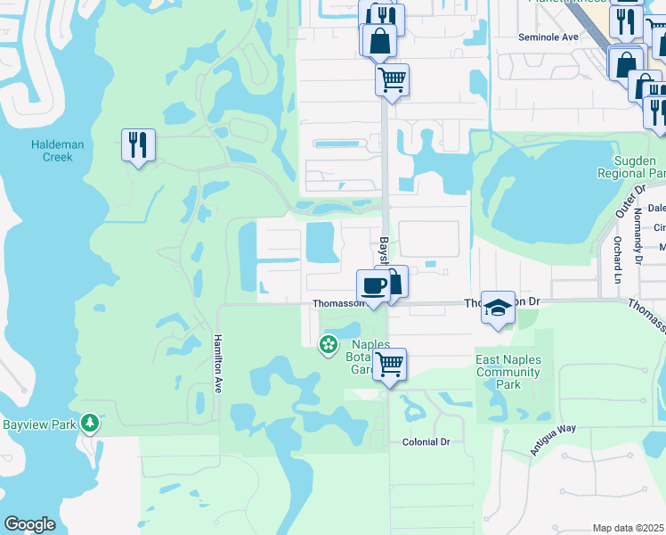 map of restaurants, bars, coffee shops, grocery stores, and more near 4580 Bayshore Drive in Naples