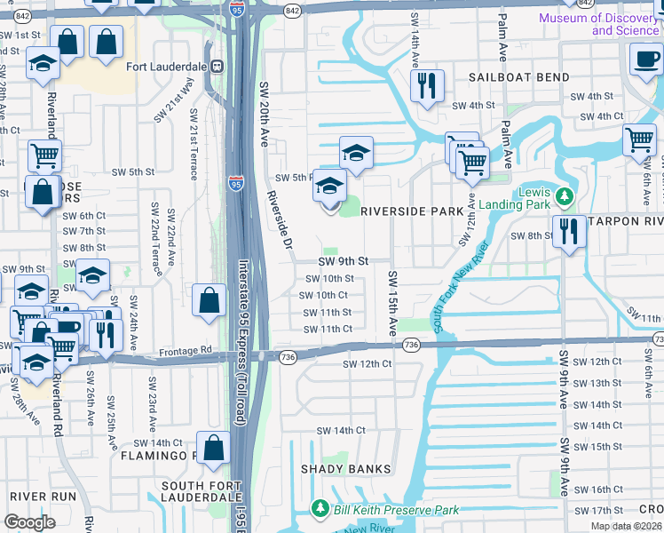 map of restaurants, bars, coffee shops, grocery stores, and more near 1708 Southwest 9th Street in Fort Lauderdale