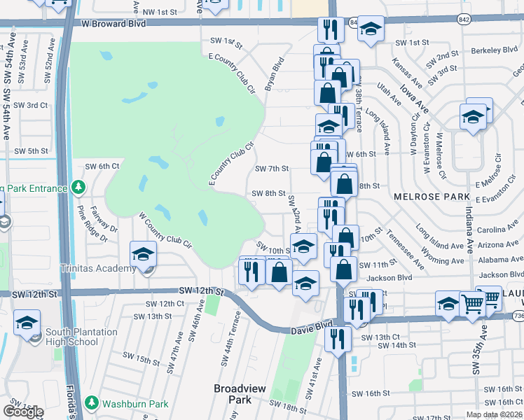 map of restaurants, bars, coffee shops, grocery stores, and more near 899 East Country Club Circle in Plantation