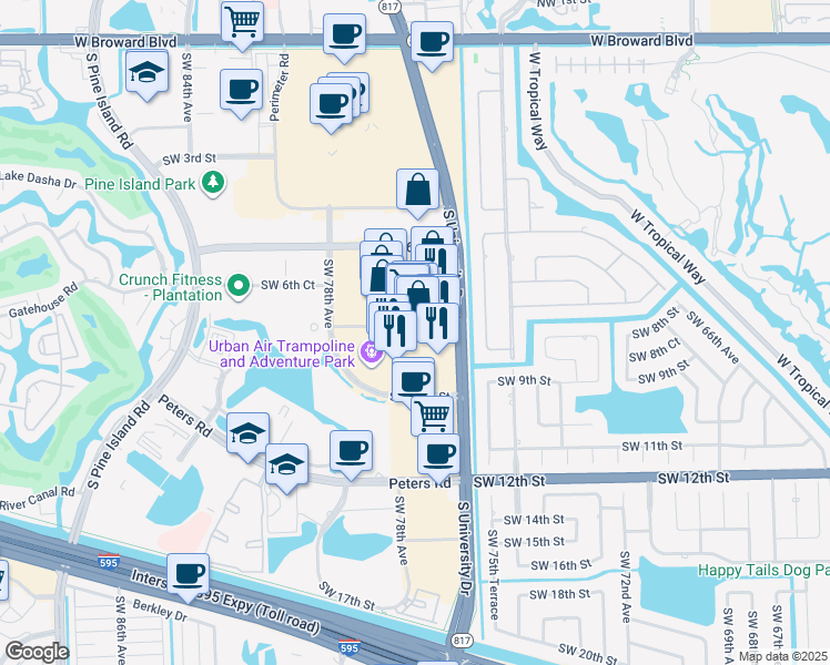 map of restaurants, bars, coffee shops, grocery stores, and more near 801 South University Drive in Plantation