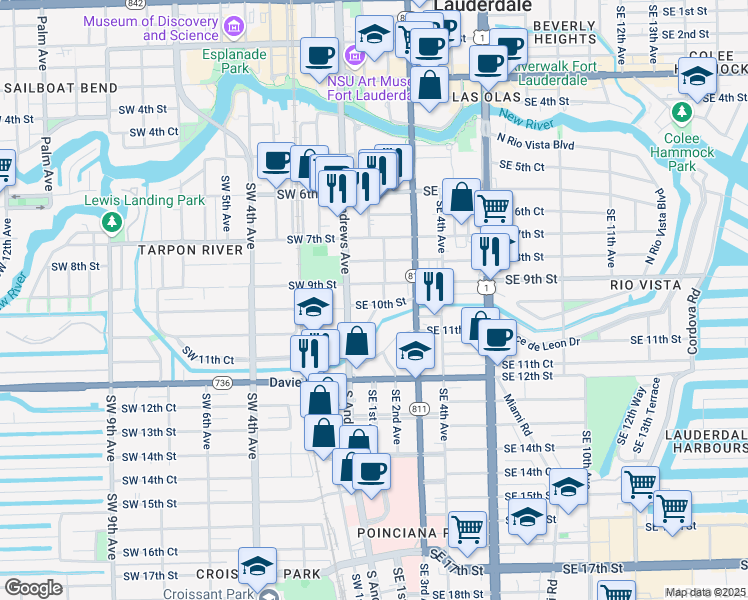 map of restaurants, bars, coffee shops, grocery stores, and more near 101 Southeast 10th Street in Fort Lauderdale
