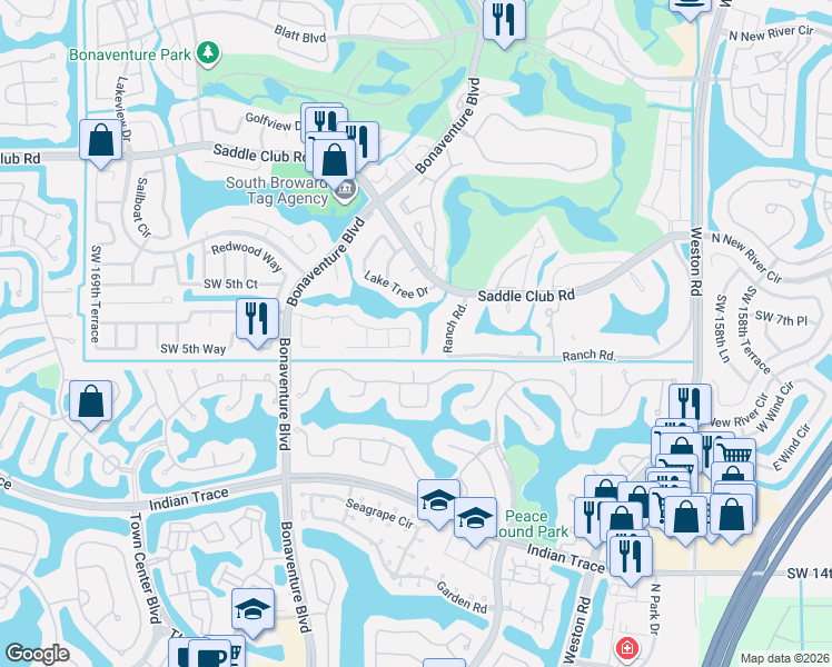 map of restaurants, bars, coffee shops, grocery stores, and more near 580 Royal Poinciana Court in Weston