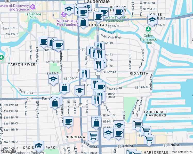 map of restaurants, bars, coffee shops, grocery stores, and more near 995 South Federal Highway in Fort Lauderdale