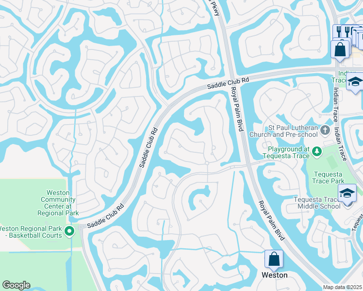 map of restaurants, bars, coffee shops, grocery stores, and more near 1633 Victoria Pointe Lane in Weston
