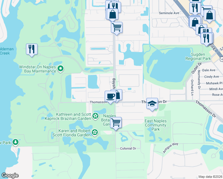 map of restaurants, bars, coffee shops, grocery stores, and more near 2765 Thomasson Drive in Naples