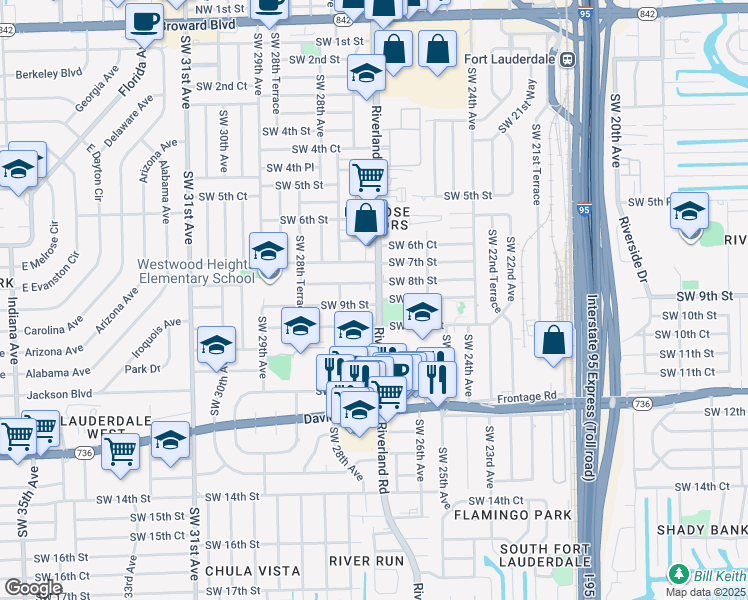 map of restaurants, bars, coffee shops, grocery stores, and more near 891 Southwest 27th Avenue in Fort Lauderdale