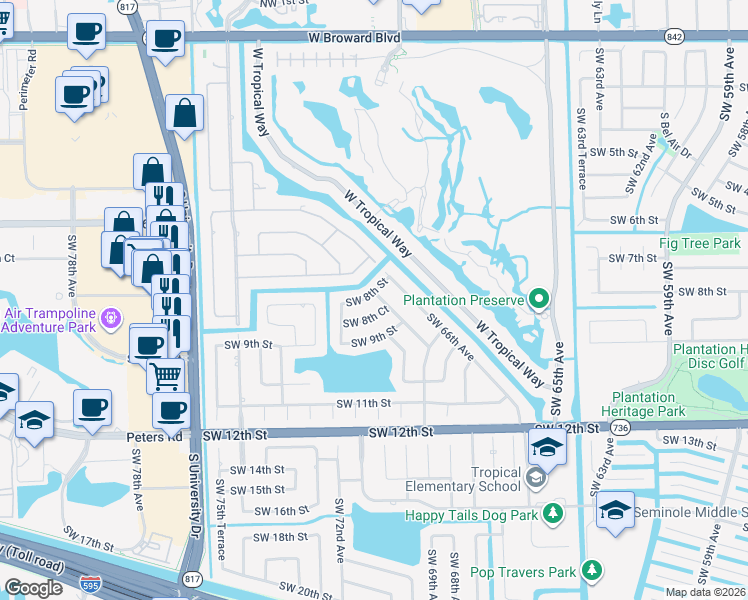 map of restaurants, bars, coffee shops, grocery stores, and more near 6950 Southwest 8th Street in Plantation