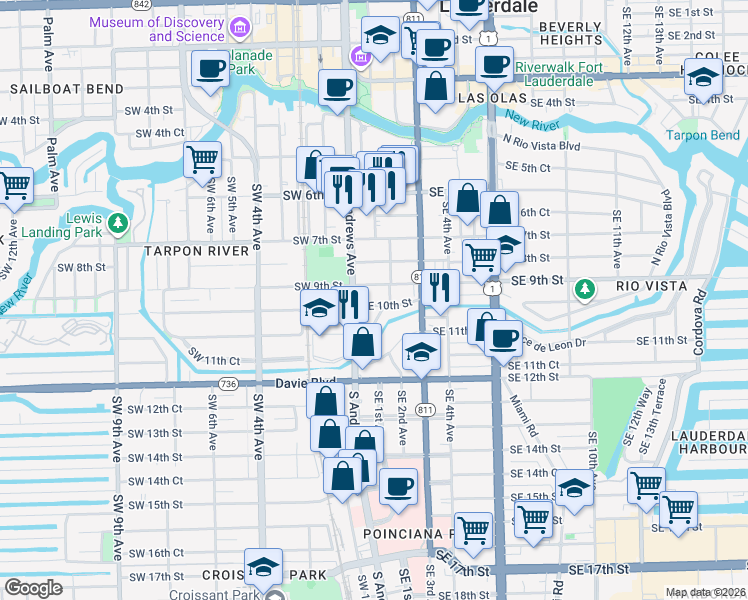 map of restaurants, bars, coffee shops, grocery stores, and more near 101 Southeast 10th Street in Fort Lauderdale