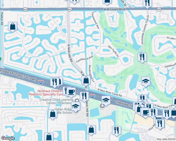 map of restaurants, bars, coffee shops, grocery stores, and more near 811 Mockingbird Lane in Plantation