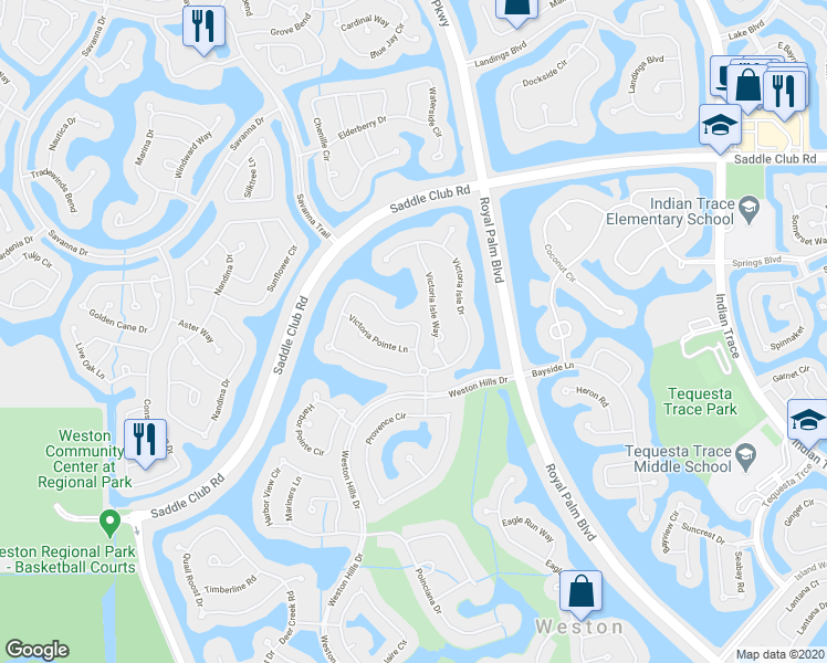 map of restaurants, bars, coffee shops, grocery stores, and more near 1837 Victoria Pointe Circle in Weston