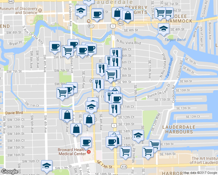 map of restaurants, bars, coffee shops, grocery stores, and more near 995 South Federal Highway in Fort Lauderdale