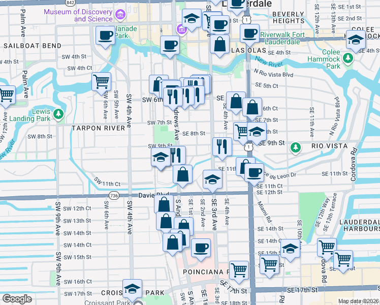 map of restaurants, bars, coffee shops, grocery stores, and more near 101 Southeast 10th Street in Fort Lauderdale