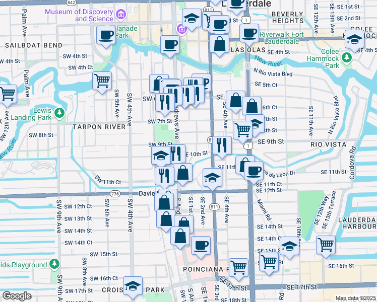 map of restaurants, bars, coffee shops, grocery stores, and more near 101 Southeast 10th Street in Fort Lauderdale