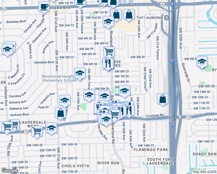 map of restaurants, bars, coffee shops, grocery stores, and more near 891 Southwest 27th Avenue in Fort Lauderdale
