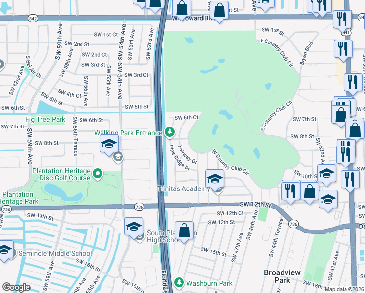 map of restaurants, bars, coffee shops, grocery stores, and more near 848 Pine Ridge Drive in Plantation