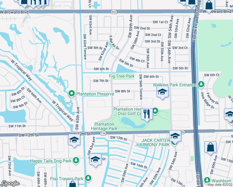 map of restaurants, bars, coffee shops, grocery stores, and more near 5860 Southwest 8th Street in Plantation