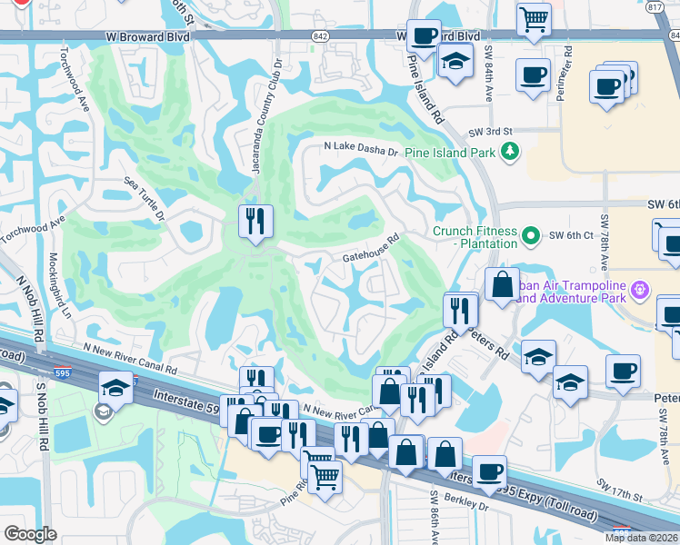 map of restaurants, bars, coffee shops, grocery stores, and more near 709 Southwest 89th Avenue in Plantation