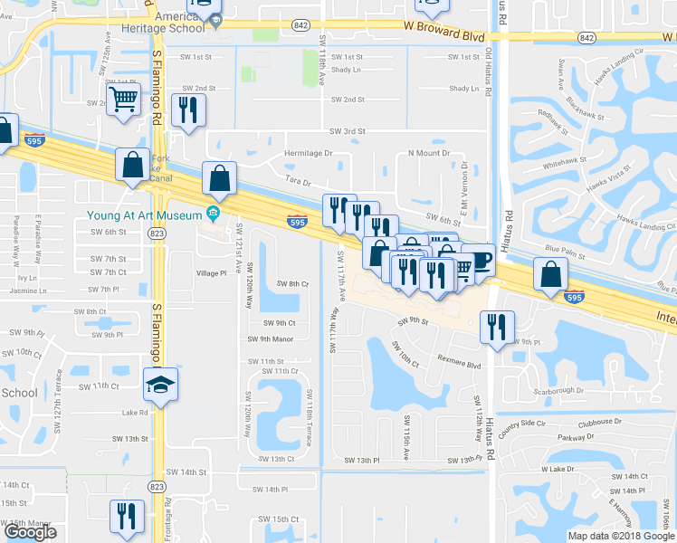 map of restaurants, bars, coffee shops, grocery stores, and more near 897 Southwest 117th Avenue in Davie