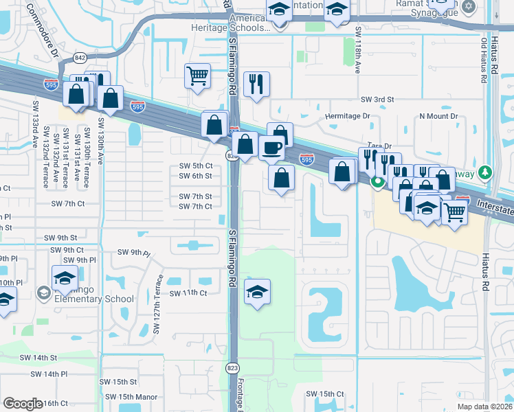 map of restaurants, bars, coffee shops, grocery stores, and more near 818 West Village Circle in Davie