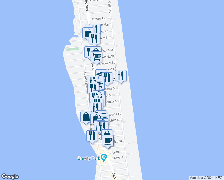 map of restaurants, bars, coffee shops, grocery stores, and more near 113 East Retama Street in South Padre Island