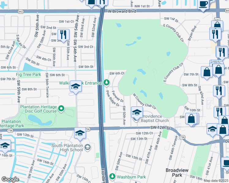 map of restaurants, bars, coffee shops, grocery stores, and more near 848 Pine Ridge Drive in Plantation