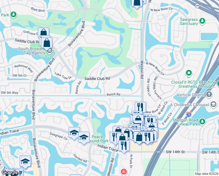 map of restaurants, bars, coffee shops, grocery stores, and more near 601 Ranch Road in Weston